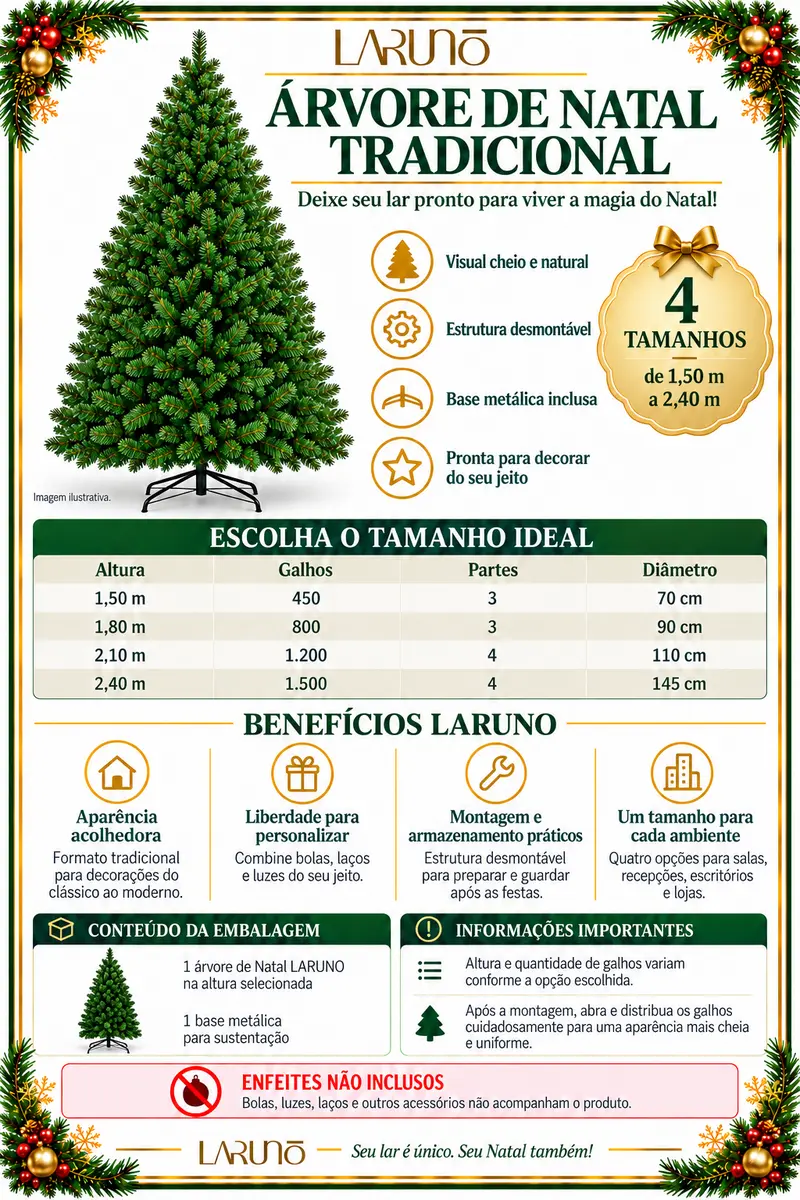 Tabela de tamanhos LARUNO: 1,50 m com 450 galhos, 1,80 m com 800, 2,10 m com 1.200 e 2,40 m com 1.500; base metálica inclusa e enfeites não inclusos